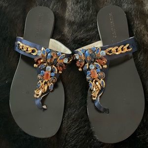 NEW Blue jewel Gianmarco Lorenzi shoes sandals 38.5, 8-8.5 stones and chain flat